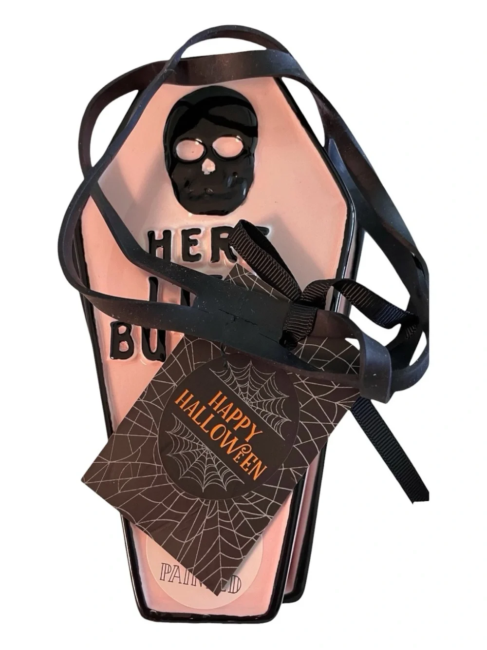 Cobwebs & Cauldrons Hand Painted “Here Lies Butter” Butter Dish Pink Black NWT